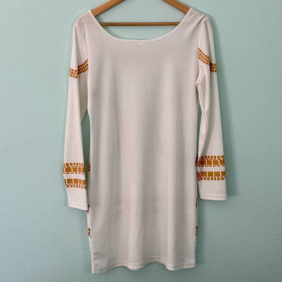 White and Gold Egyptian Print Long Sleeve Mini Dress Size XL - Picture 2 of 5